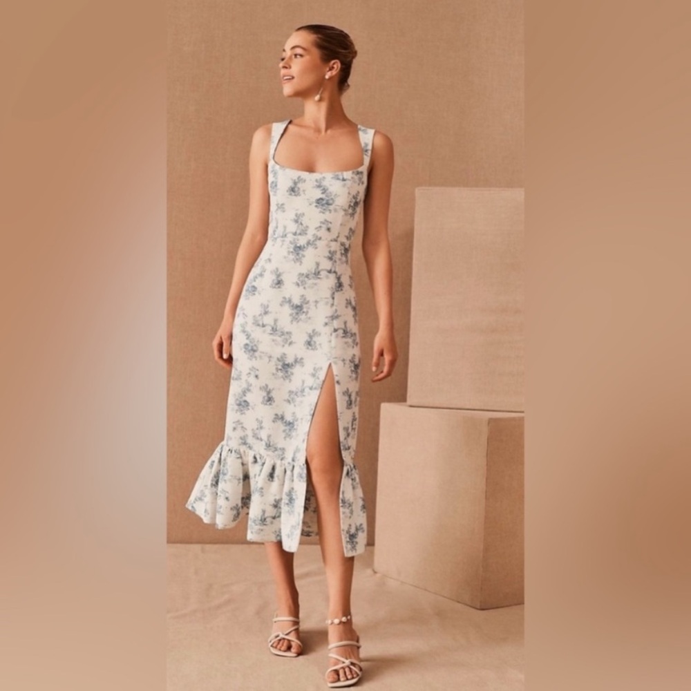 Sachin & Babi Dress Eliza Midi Side Slit Peplum in Floral White Blue